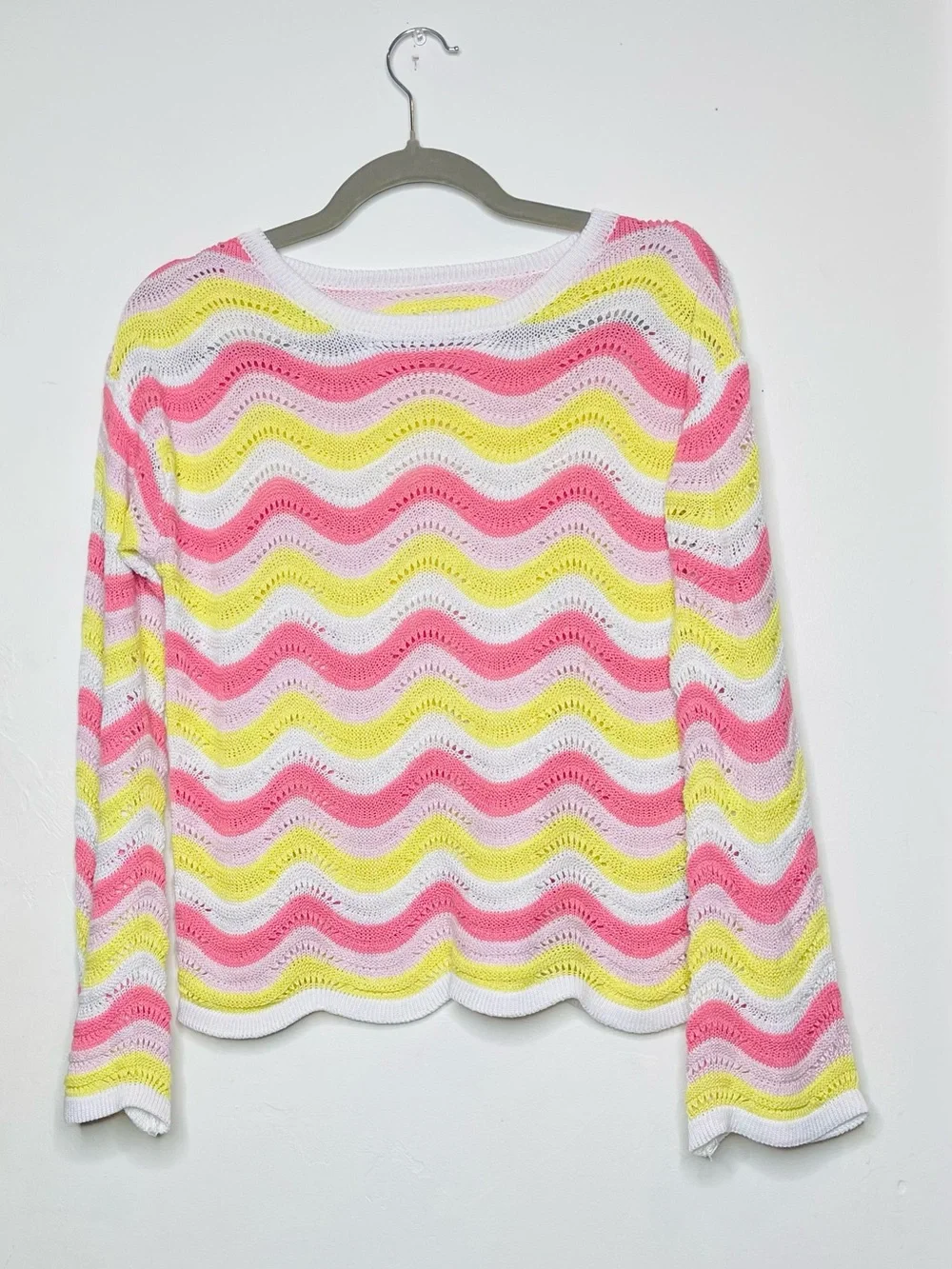 SHEIN Pink Yellow Wavy Striped Crochet Knit Sweater XS